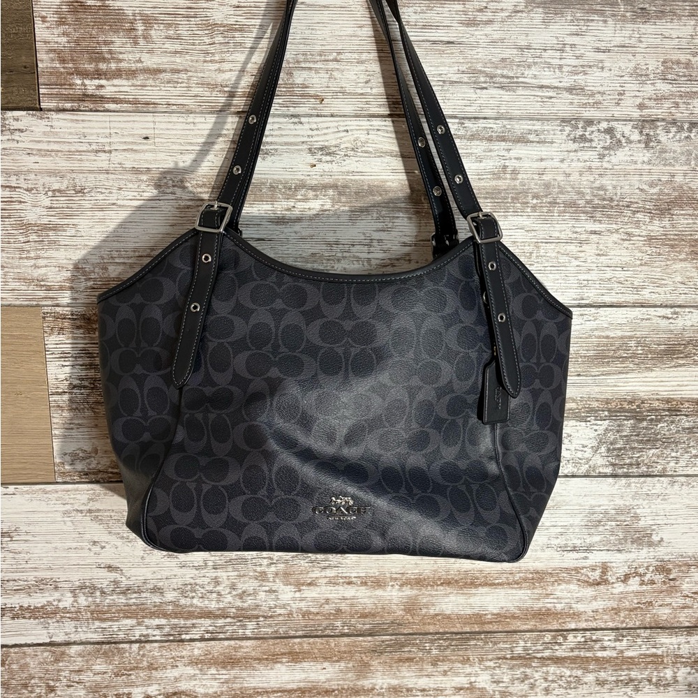 Coach Navy Leather Signature Meadow Tote Bag